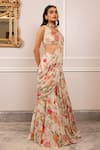 Shop_Paulmi And Harsh_Pink Georgette, Sequins, Beads, Floral Print Pre-draped Saree Set _Online_at_Aza_Fashions