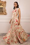 Paulmi And Harsh_Pink Georgette, Sequins, Beads, Floral Print Pre-draped Saree Set _at_Aza_Fashions