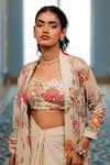 Paulmi And Harsh_Cream Georgette Sequins, Embroidery Round Neck Floral Printed Jacket Set _Online_at_Aza_Fashions