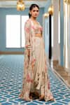 Shop_Paulmi And Harsh_Cream Georgette Sequins, Embroidery Round Neck Floral Printed Jacket Set _Online_at_Aza_Fashions
