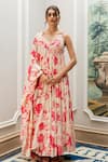Buy_Paulmi And Harsh_Pink Georgette Embroidery, Pearls V-neck Floral Printed Anarkali Set _at_Aza_Fashions