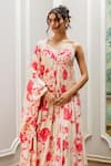 Paulmi And Harsh_Pink Georgette Embroidery, Pearls V-neck Floral Printed Anarkali Set _at_Aza_Fashions