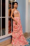Paulmi And Harsh_Pink Georgette, Silk Embroidery Round Floral Print Pre-draped Saree And Blouse Set _Online_at_Aza_Fashions