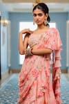 Shop_Paulmi And Harsh_Pink Georgette, Silk Embroidery Round Floral Print Pre-draped Saree And Blouse Set _Online_at_Aza_Fashions