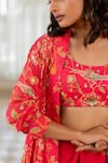 Paulmi And Harsh_Pink Georgette Beads, Embroidery Round Neck, Open Floral Print Jacket Skirt Set _Online_at_Aza_Fashions