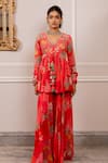 Buy_Paulmi And Harsh_Pink Georgette Tassels V-neck Floral Printed Peplum Tunic And Palazzo Set _Online_at_Aza_Fashions