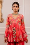 Paulmi And Harsh_Pink Georgette Tassels V-neck Floral Printed Peplum Tunic And Palazzo Set _at_Aza_Fashions