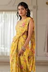 Paulmi And Harsh_Yellow Georgette, Silk Embroidery, Sequins Round Floral Pre-draped Saree Set _Online_at_Aza_Fashions