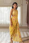 Buy_Paulmi And Harsh_Yellow Georgette, Silk Embroidery, Sequins Round Floral Pre-draped Saree Set _Online_at_Aza_Fashions