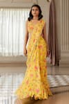 Buy_Paulmi And Harsh_Yellow Georgette Lace Round Neck Floral Print Pre-draped Saree Set _at_Aza_Fashions
