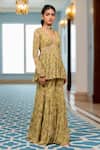 Paulmi And Harsh_Green Georgette Embroidery V-neck Multi Floral Peplum Tunic And Sharara Set _at_Aza_Fashions