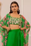 Shop_Paulmi And Harsh_Green Silk, Crepe, Georgette Embroidery Round Neck Floral Printed Jacket Set _Online_at_Aza_Fashions
