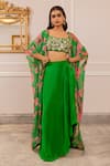 Paulmi And Harsh_Green Silk, Crepe, Georgette Embroidery Round Neck Floral Printed Jacket Set _at_Aza_Fashions