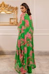 Shop_Paulmi And Harsh_Green Silk, Crepe, Georgette Embroidery Round Neck Floral Printed Jacket Set _at_Aza_Fashions