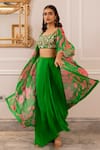 Shop_Paulmi And Harsh_Green Silk, Crepe, Georgette Embroidery Round Neck Floral Printed Jacket Set 