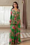 Buy_Paulmi And Harsh_Green Georgette, Shantoon Sequins, Floral Print Peplum Tunic And Palazzo Set _at_Aza_Fashions
