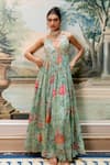 Buy_Paulmi And Harsh_Green Georgette, Shantoon Embroidery Round Neck Floral Maxi Dress _at_Aza_Fashions