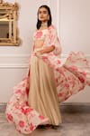 Shop_Paulmi And Harsh_Beige Georgette Sequins, Embroidery Round Neck, Open Floral Print Jacket Set _Online_at_Aza_Fashions