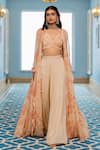 Buy_Paulmi And Harsh_Peach Georgette Embroidery Round Neck, Gold Floral Printed Jacket Palazzo Set _at_Aza_Fashions