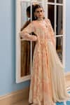 Buy_Paulmi And Harsh_Peach Georgette Embroidery Round Neck, Gold Floral Printed Jacket Palazzo Set 