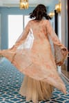 Paulmi And Harsh_Peach Georgette Embroidery Round Neck, Gold Floral Printed Jacket Palazzo Set _Online