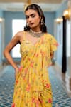 Paulmi And Harsh_Yellow Silk, Georgette Embroidery Round Neck Floral Pre-draped Saree Set _Online_at_Aza_Fashions