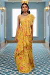 Paulmi And Harsh_Yellow Silk, Georgette Embroidery Round Neck Floral Pre-draped Saree Set _at_Aza_Fashions