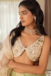 Paulmi And Harsh_Beige Organza Sequins, Beads, Embroidery Round Neck Designer Green Lehenga Set _at_Aza_Fashions