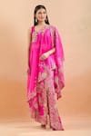 Buy_Anamika Khanna_Fuchsia Embroidery, Pearls, Sequins Round Neck Floral Cape Skirt Set 