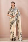 Buy_Anamika Khanna_Off White Beads, Sequins Round Neck Blossom Print Saree Set_at_Aza_Fashions