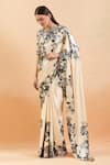 Shop_Anamika Khanna_Off White Beads, Sequins Round Neck Blossom Print Saree Set_Online_at_Aza_Fashions