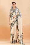 Anamika Khanna_Off White Beads, Sequins Round Neck Blossom Print Saree Set_at_Aza_Fashions