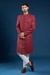 Buy_Arihant Rai Sinha_Red Georgette, Cotton Embroidery, Sequins Designer Sherwani And Pant Set _at_Aza_Fashions