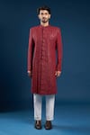 Buy_Arihant Rai Sinha_Red Georgette, Cotton Embroidery, Sequins Designer Sherwani And Pant Set _Online_at_Aza_Fashions
