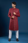 Shop_Arihant Rai Sinha_Red Georgette, Cotton Embroidery, Sequins Designer Sherwani And Pant Set _Online_at_Aza_Fashions