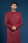 Arihant Rai Sinha_Red Georgette, Cotton Embroidery, Sequins Designer Sherwani And Pant Set _at_Aza_Fashions