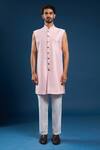 Arihant Rai Sinha_Pink Jacquard, Silk Embroidery Self Weaving Sherwani Set _Online_at_Aza_Fashions