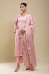 Buy_Samyukta Singhania_Pink Satin Embroidery V-neck Hand Painted Kurta Set _Online_at_Aza_Fashions