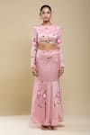 Buy_Samyukta Singhania_Pink Satin Embroidery, Lace Round Neck Padded Blouse And Hand Painted Skirt Set _Online_at_Aza_Fashions