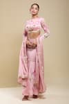 Shop_Samyukta Singhania_Pink Satin Embroidery, Lace Round Neck Padded Blouse And Hand Painted Skirt Set _Online_at_Aza_Fashions