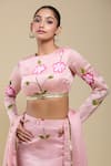 Samyukta Singhania_Pink Satin Embroidery, Lace Round Neck Padded Blouse And Hand Painted Skirt Set _at_Aza_Fashions