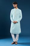 Buy_Arihant Rai Sinha_Turquoise Georgette, Polyester, Cotton Chikankari Firozi Blue Kurta And Pyjama Set _at_Aza_Fashions