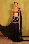 Shop_Kiran Kalsi_Black Georgette Embroidery, Sequins Round Neck Hand Blouse And Saree Set 