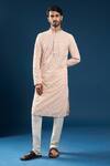 Shop_Arihant Rai Sinha_Peach Georgette, Polyester, Cotton Embroidery Light Chikankari Kurta Pyjama Set _Online_at_Aza_Fashions
