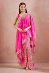 Buy_Anamika Khanna_Fuchsia Embroidery, Pearls, Sequins Round Neck Floral Cape Skirt Set _at_Aza_Fashions