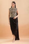 Shop Anamika Khanna Gold Sequins, Embroidery High Neck Draped Saree Skirt And Blouse Online at Aza Fashions Shop_Anamika Khanna_Gold Sequins, Embroidery High Neck Draped Saree Skirt And Blouse_Online_at_Aza_Fashions