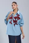 Shop_Dhruv Kapoor_Blue Embroidery Collared Stem Polo Batwing Shirt _Online_at_Aza_Fashions
