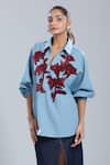 Buy_Dhruv Kapoor_Blue Embroidery Collared Stem Polo Batwing Shirt 