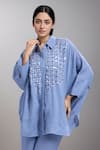 Buy_Dhruv Kapoor_Blue Sequins Collared Crystal Grid Long Shirt _at_Aza_Fashions