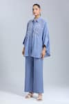 Dhruv Kapoor_Blue Sequins Collared Crystal Grid Long Shirt _at_Aza_Fashions